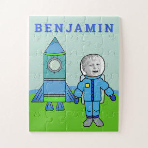 Your Photo Cute Astronaut Boy Rocket with Name Jigsaw Puzzle