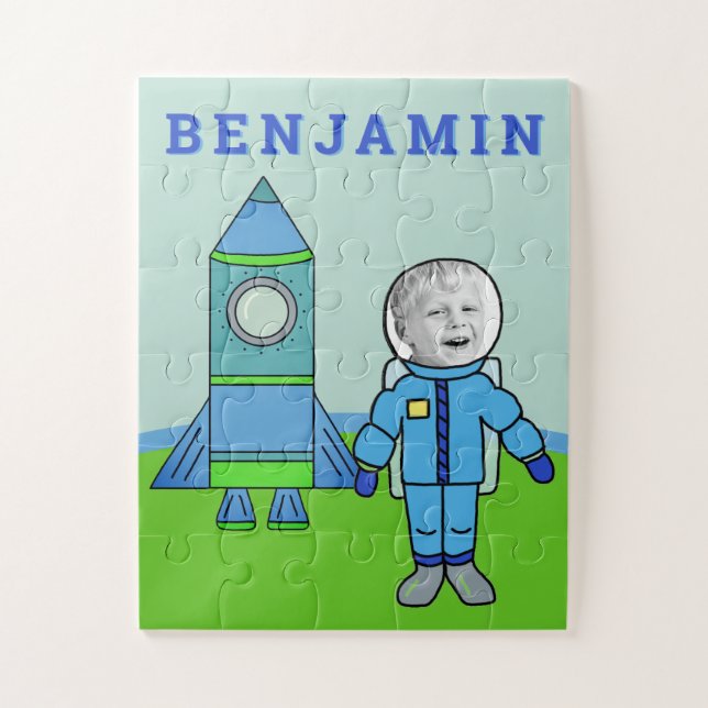 Your Photo Cute Astronaut Boy Rocket with Name Jigsaw Puzzle (Vertical)