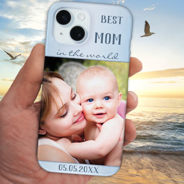 Your Photo Dusty Blue Best Mom Phone Case (Phone case featuring your photo on a pretty pale blue design. Beautiful for Mother's Day)