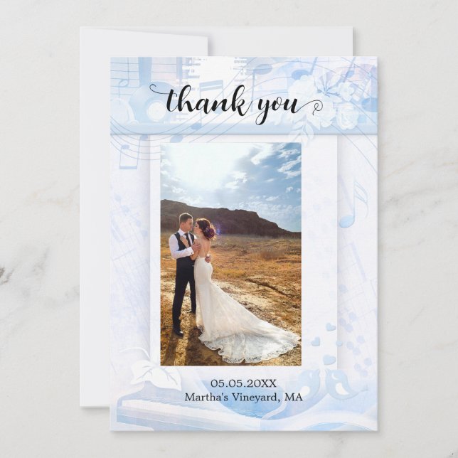 Your Photo Dusty Blue Music Wedding Thank You Card (Front)