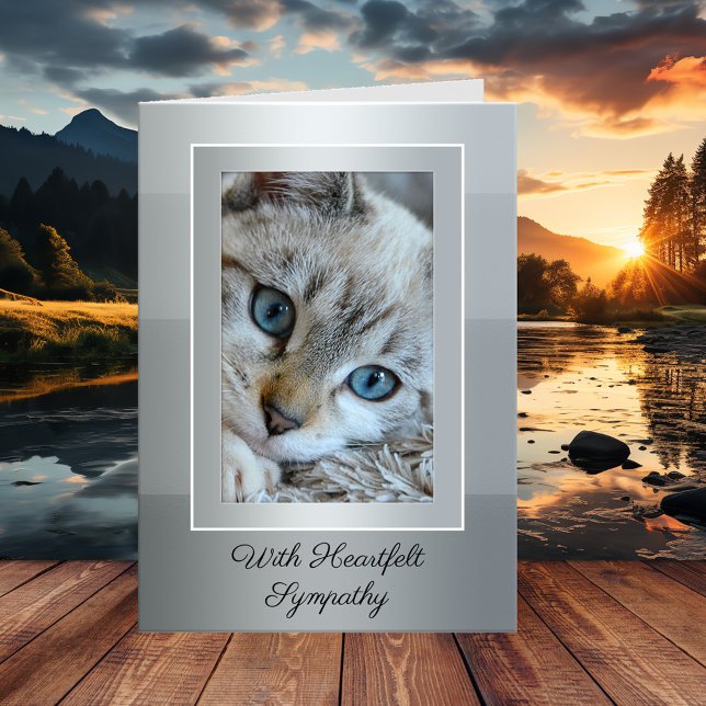 Your Photo Elegant Grey Striped Cat Sympathy Card (An elegant gray striped sympathy card for a cat (or other pet) featuring your own cat photo)