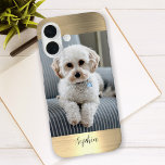 Your Photo, Faux Gold Metal & Script Name iPhone 16 Case<br><div class="desc">Your photo on faux gold metal with black script name.</div>