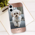 Your Photo, Faux Rose Gold Metal & Script Name iPhone 16 Case<br><div class="desc">Your photo on faux rose gold metal with black script name.</div>