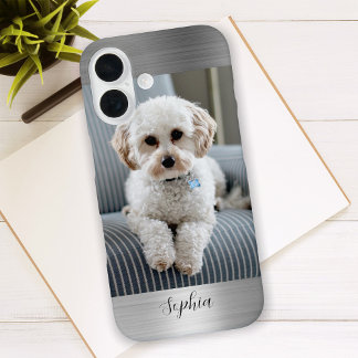 Your Photo, Faux Silver Metal & Script Name iPhone 16 Case