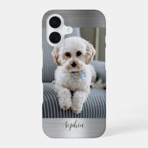 Your Photo, Faux Silver Metal & Script Name iPhone 16 Case