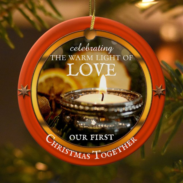 Your Photo Festive Candle Light Christmas Ceramic Ornament (Christmas ornament featuring your own photo (optional) framed by a warm red and orange star design)