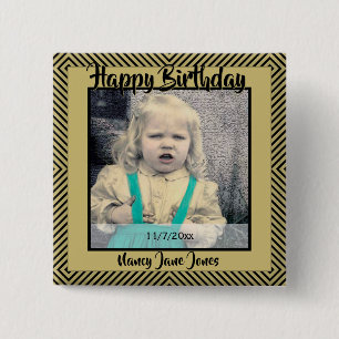 Your Photo: Geometric Diagonal Lines Black & Gold 2 Inch Square Button