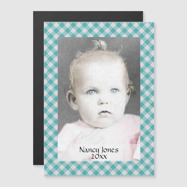 Your Photo:  Gingham Checks Pattern Teal/White Magnetic Invitation (Front/Back)