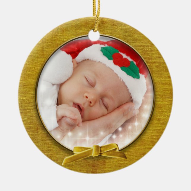 Your Photo - Gold Chenille Round Picture Frame Ceramic Ornament (Front)