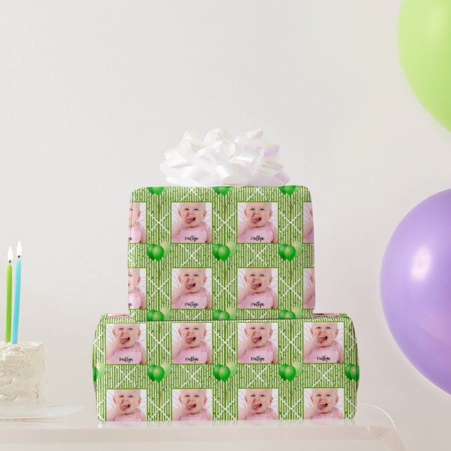 Your Photo Green/White Simple Stripes Pattern Wrapping Paper (Party Gifts)
