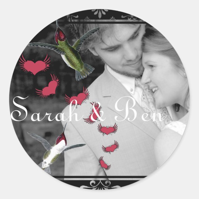 Your Photo Humming Birds Grunge Hearts with Wings Classic Round Sticker (Front)