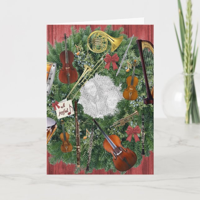 Your Photo in Wreath of Orchestra Instruments Holiday Card (Front)