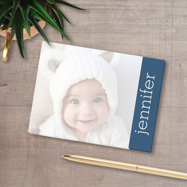Your Photo Lightens Up - with Navy Blue Post-it Notes (A fun personalized photo post-it with a photo in the background and color block.)