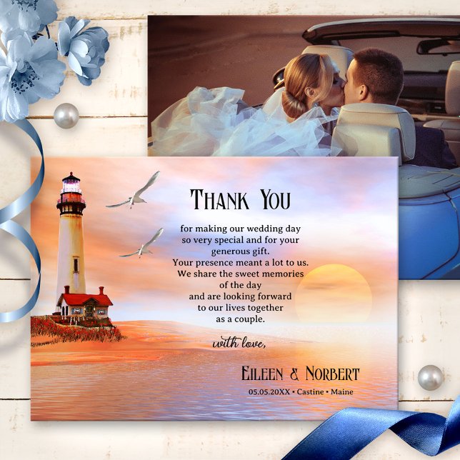 Your Photo Lighthouse Beach Wedding Thank You Card (Creator Uploaded)