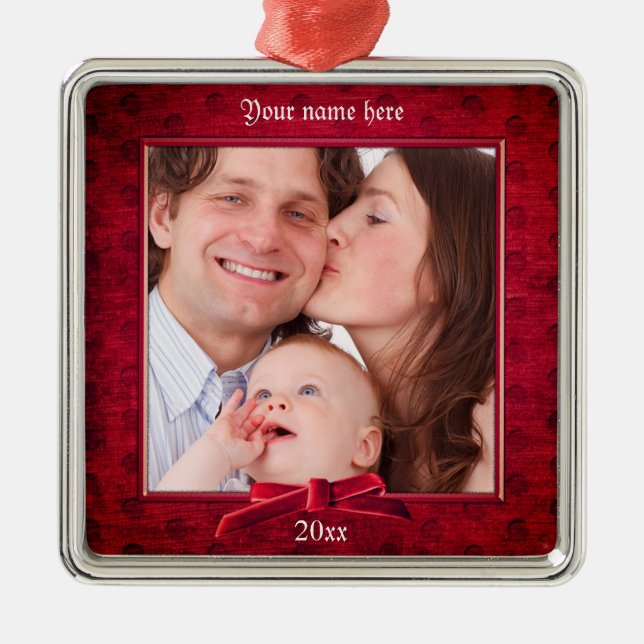 Your Photo | Lux Red Textured Picture Frame Metal Ornament (Front)