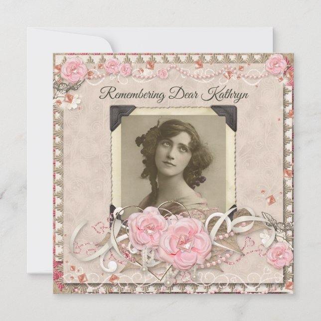 Your Photo Memorial Service Roses Lace Angels Gems Invitation (Front)