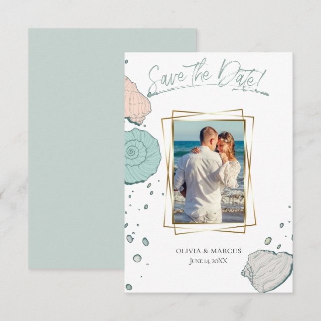 Your Photo Modern Seashells Coral and Teal Invitation (Front/Back)
