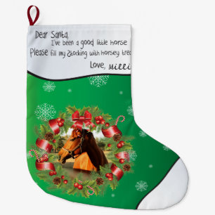 YOUR PHOTO Name Horse Dear Santa Round Frame Green Large Christmas Stocking