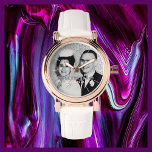 Your Photo Name Rose Gold Women's White Band Wrist Watch<br><div class="desc">This elegant glam rose gold women's wrist watch is decorated with a white band and personalized with your name and your photo . You can easily change the name and delete the number tick marks if desired. What a wonderful modern stylish gift for a bridesmaid, maid of honour, bridal party,...</div>