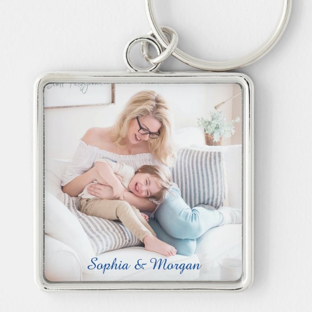 Your Photo & Name(s) in Blue Script Keychain (Front)