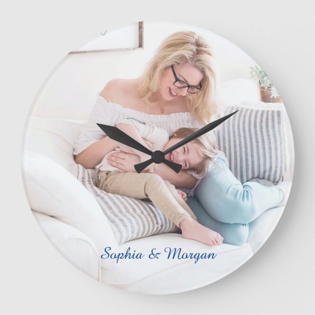Your Photo & Name(s) in Blue Script Large Clock (Front)