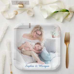 Your Photo & Name(s) in Blue Script Paper Plate