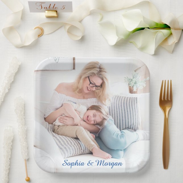Your Photo & Name(s) in Blue Script Paper Plate (Wedding)