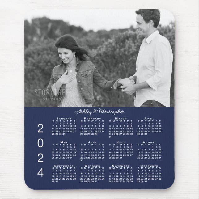Your Photo Names Navy Blue 2024 Calendar Mouse Pad (Front)
