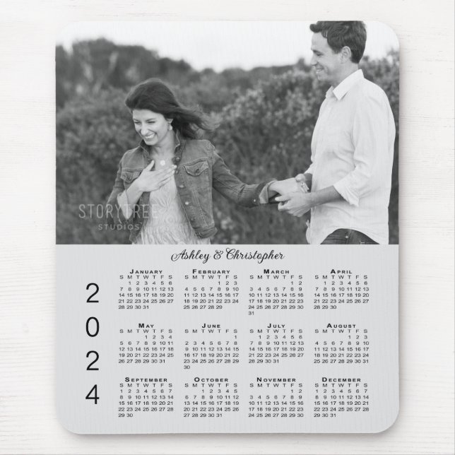 Your Photo Names Personalized Grey 2024 Calendar Mouse Pad (Front)