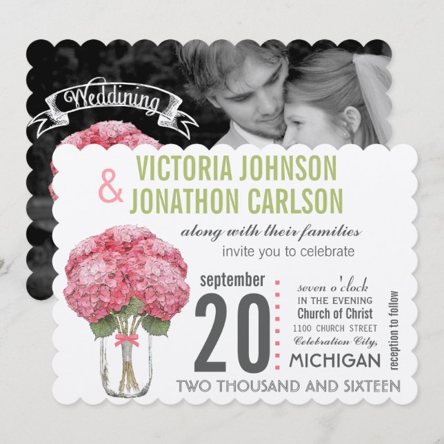 Your Photo on Back Hydrangea in Mason Jar Invitation (Front/Back)