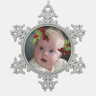 Your Photo on Christmas Holly Snowflake Ornament
