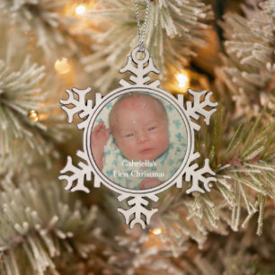 Your Photo Personalized Baby First Christmas Snowflake Pewter Christmas Ornament