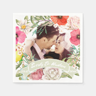 Your Photo Pink Red Yellow Rose Wedding Wreath Napkin