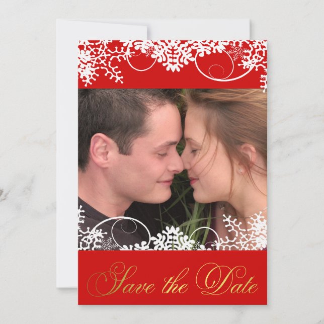 Your Photo Red & Gold Winter Snow Save the Dates Date (Front)