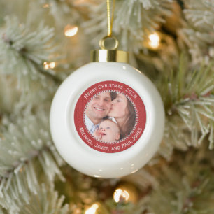 Your Photo Red Knit Graphic Pattern Picture Frame Ceramic Ball Christmas Ornament
