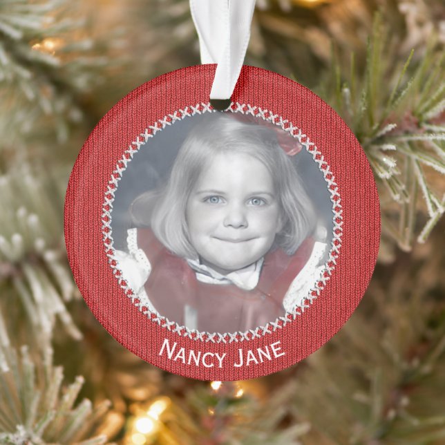 Your Photo Red Knit Pattern Picture Frame Ornament (Tree)