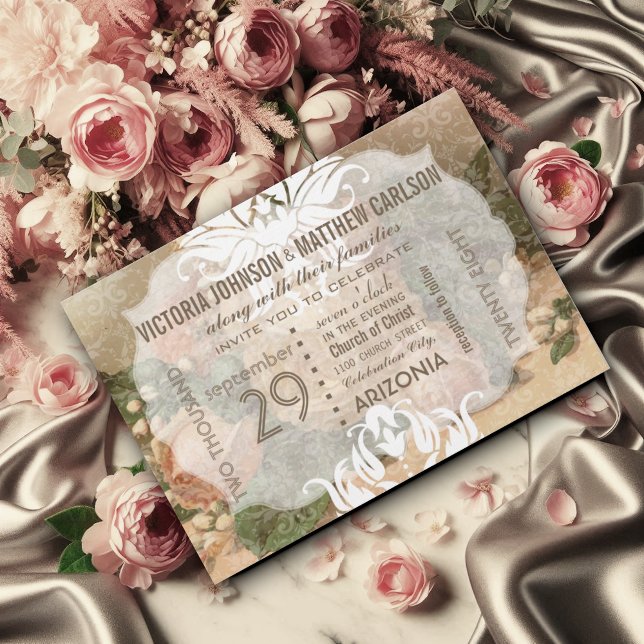 Your Photo Rose Gold Damask Floral Wedding Invitation (Creator Uploaded)