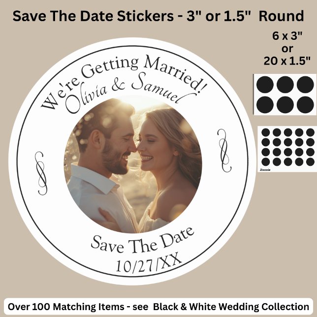 Your Photo, Save The Date, Black & White Infinity Classic Round Sticker (Creator Uploaded)