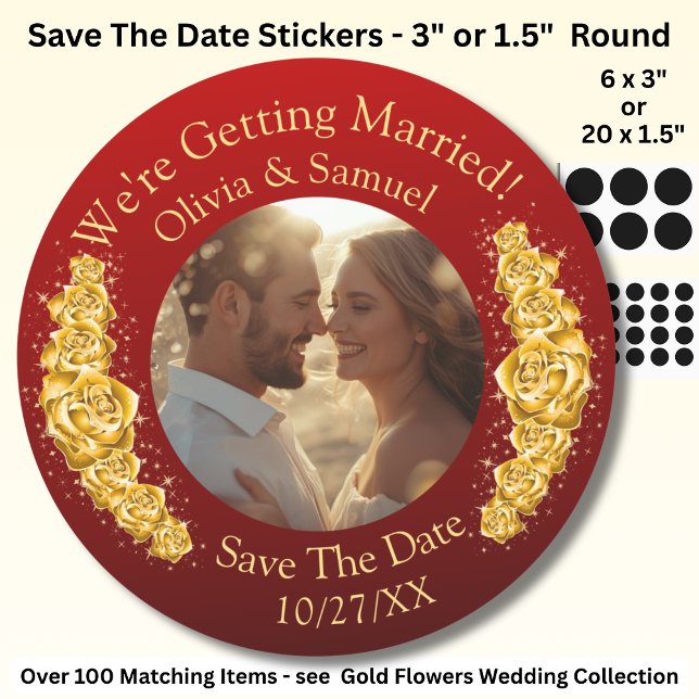 Your Photo, Save The Date, Gold Flowers Maroon Red Classic Round Sticker (Creator Uploaded)