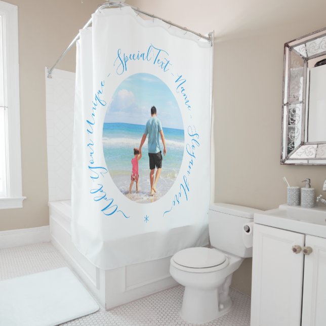 Your Photo Shower Curtain with Custom Text (In Situ)