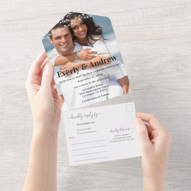 Your Photo Simple Modern String Lights Wedding All In One Invitation (Tearaway)