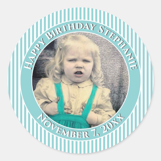 Your Photo Simple Stripes Pattern Aqua/White Classic Round Sticker (Front)
