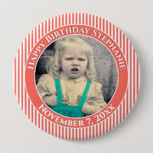 Your Photo Simple Stripes Pattern Coral/White 4 Inch Round Button