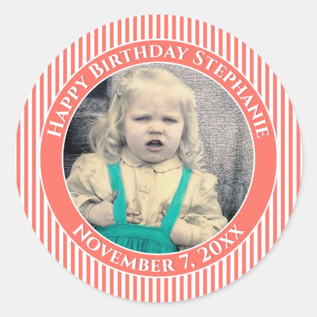Your Photo Simple Stripes Pattern Coral/White Classic Round Sticker (Front)