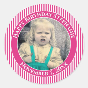 Your Photo Simple Stripes Pattern Fuchsia/White Classic Round Sticker