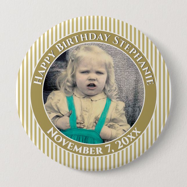 Your Photo Simple Stripes Pattern Gold/White 4 Inch Round Button (Front)
