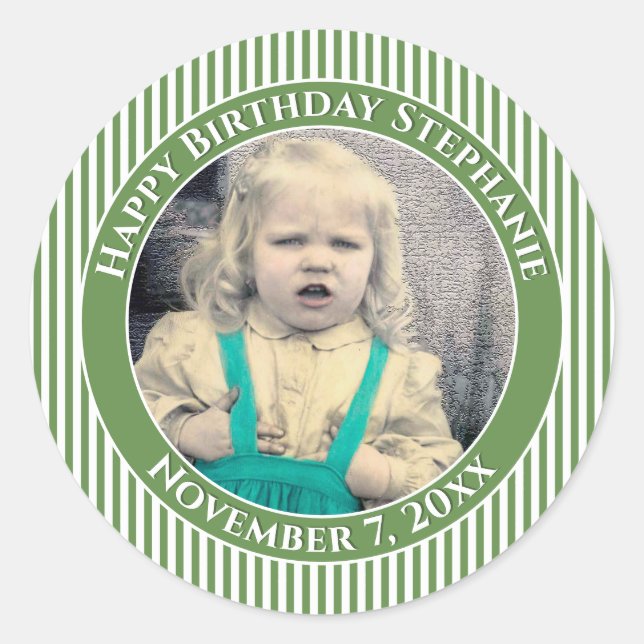 Your Photo Simple Stripes Pattern Green/White Classic Round Sticker (Front)
