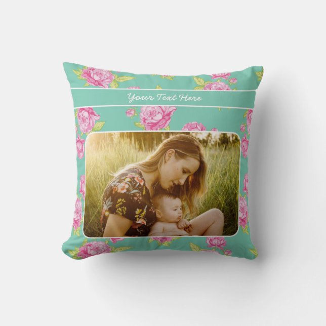 Your Photo/Text/ Pastel Shabby Pink Floral Flowers Throw Pillow (Front)