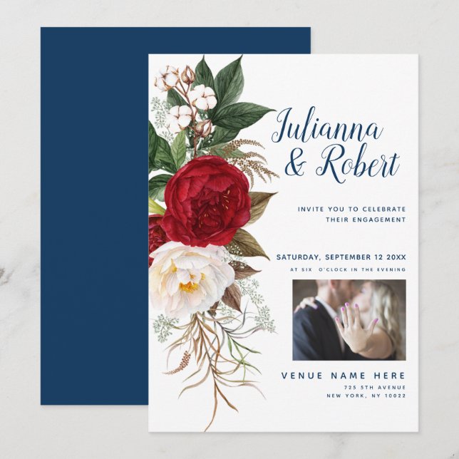Your photo Watercolor Floral Navy Burgundy Invitation (Front/Back)