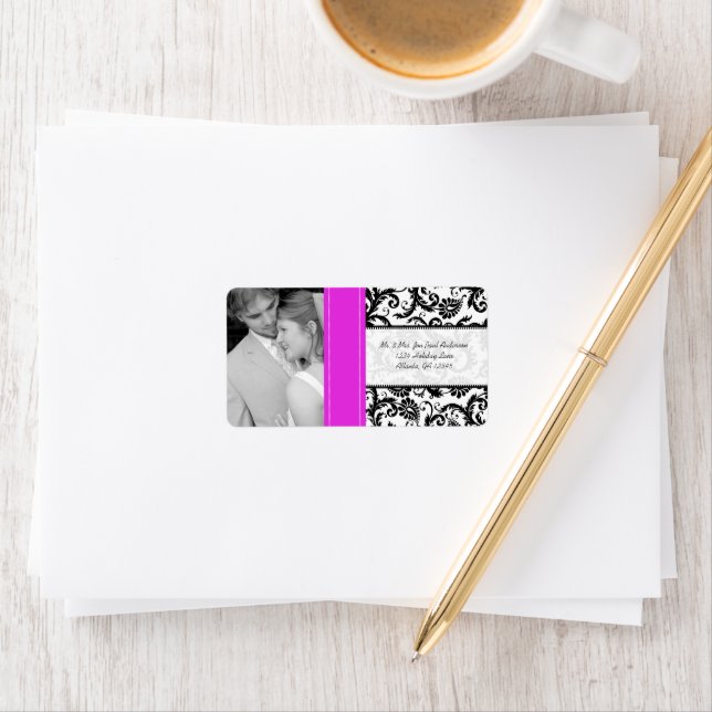 Your Photo Wedding Vintage Hot Pink Damask Label (Insitu)
